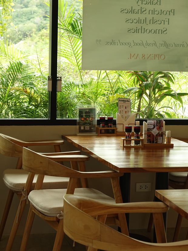 Tables and plants inside the café